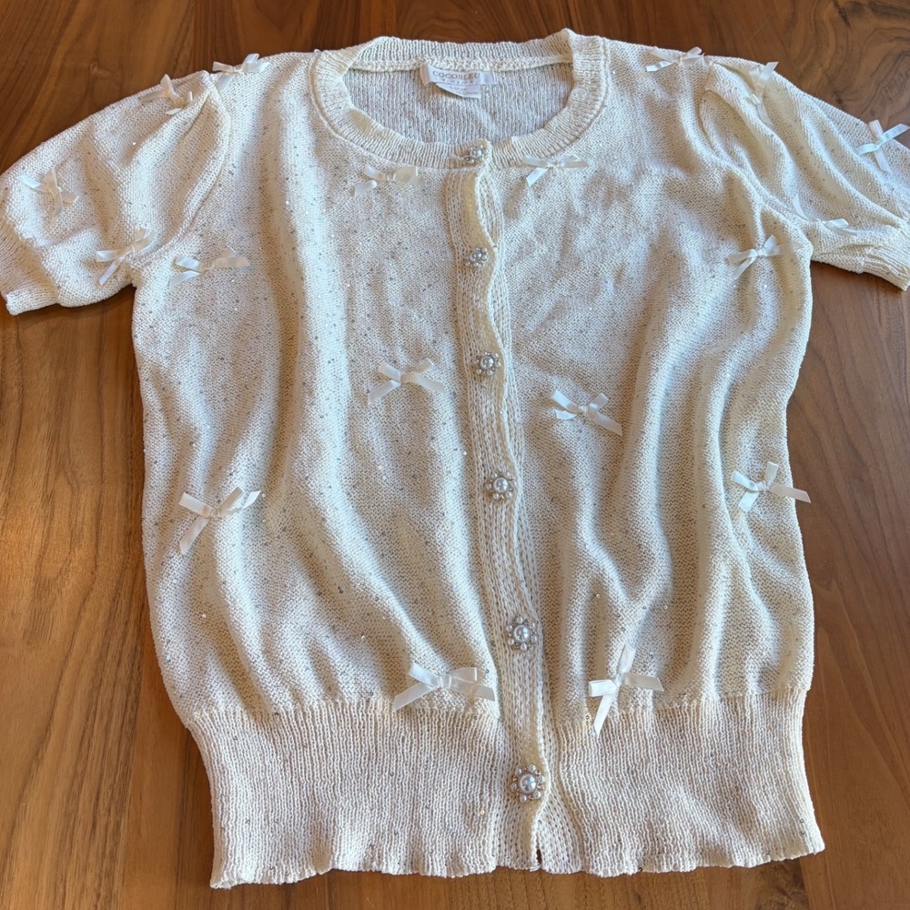 Cocobleu New York Cream Sequin Bow Cardigan Pearl Button Short Sleeve Large - Picture 2 of 9